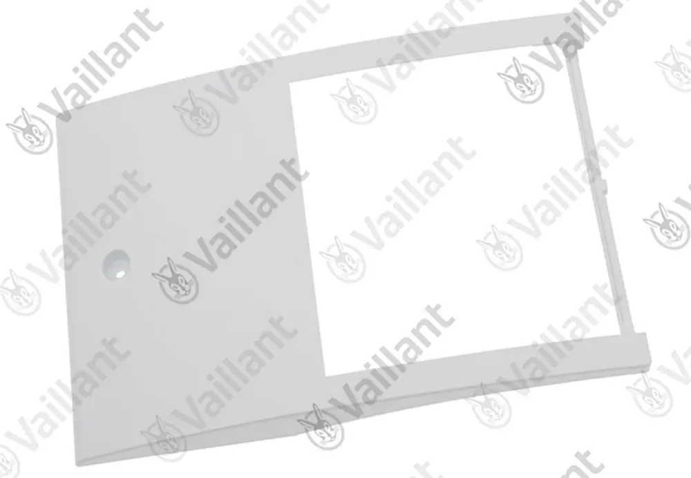 Weißer Abdeckdeckel von Vaillant mit einem rechteckigen Ausschnitt und einer runden Öffnung, geeignet für die Verwendung in Heizungsanlagen.